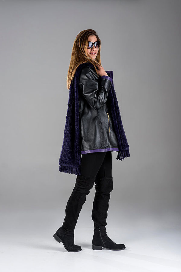 Black Lambskin Leather Jacket with Purple Rabbit Knitting Shawl