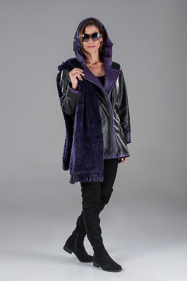 Black Lambskin Leather Jacket with Purple Rabbit Knitting Shawl