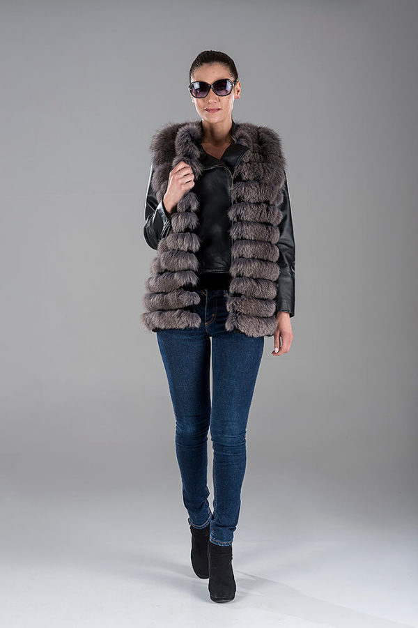 Full Skin Blue-Grey Fox Gillet(Vest) - Black Lambskin Leather Jacket