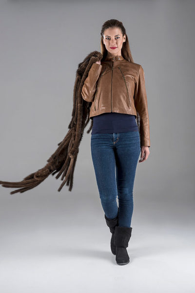 Camel Lambskin Leather Jacket- Mink Knitting Shawl