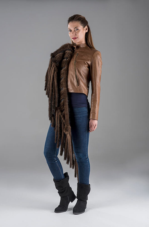 Camel Lambskin Leather Jacket- Mink Knitting Shawl